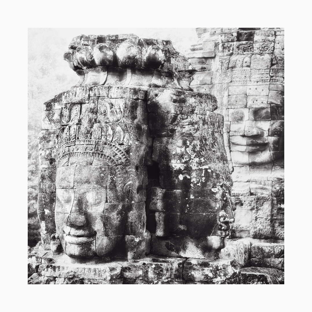 Fine art black and white image of Three Faces at The Bayon, Siem Reap