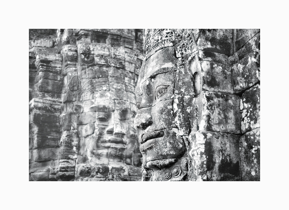 Fine art black and white image of Gazing, two faces of The Bayon, Siem Reap