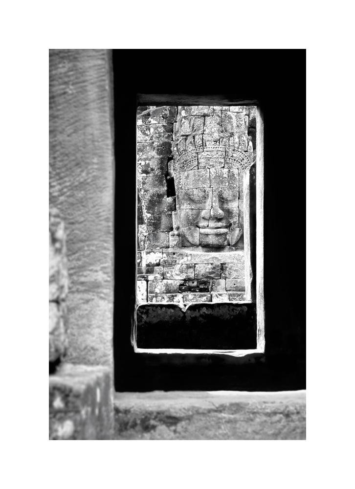 Fine art black and white image of Sublime Khmer Smile, The Bayon, 1993, Siem Reap